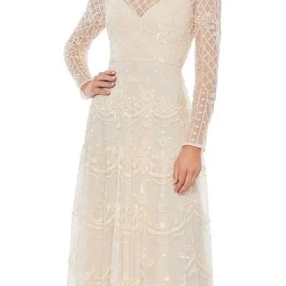 Mac Duggal Cream Long Sleeve Lace Dress 9142 Nude 2 - Picture 2 of 11
